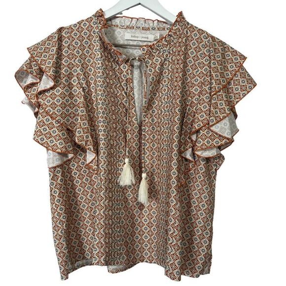 Bishop + Young Cleo Top Womens Small Mosaic Boho Peasant Tassel Artsy Blouse - Picture 1 of 5